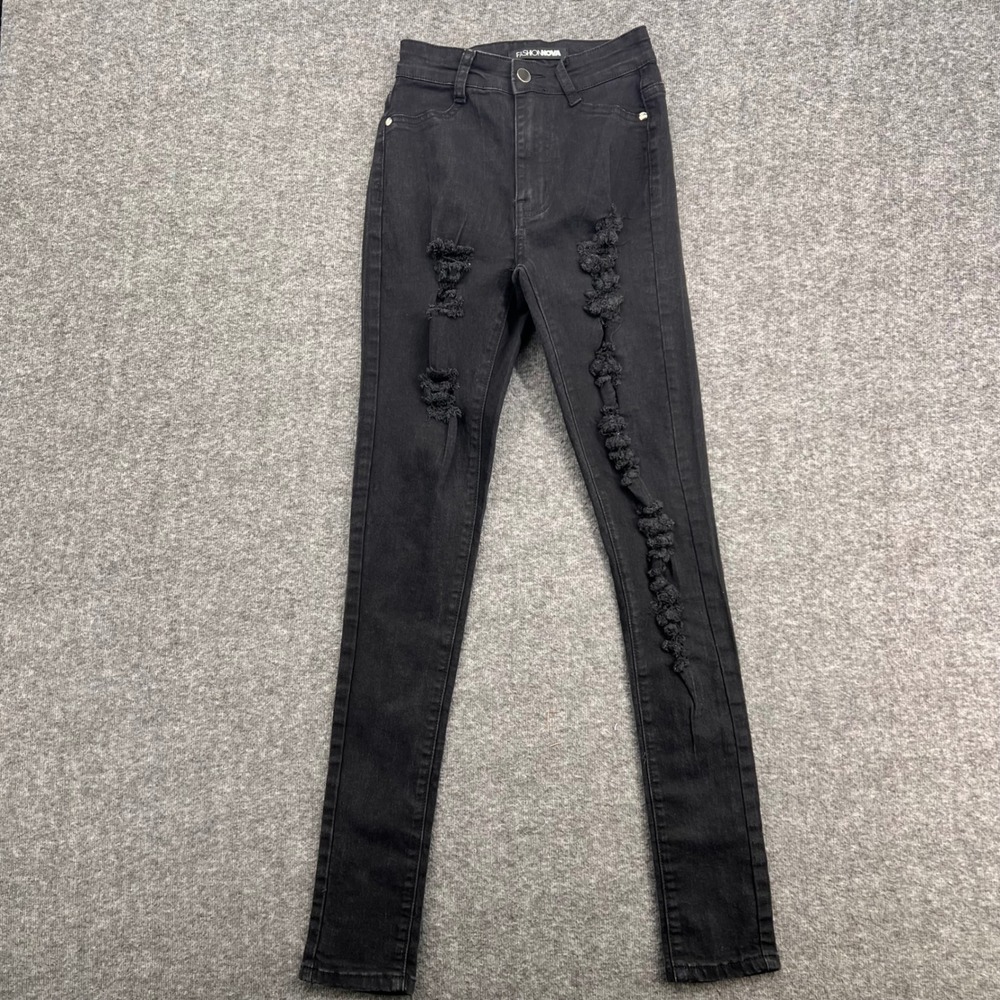 Fashion Nova Womens High Rise Distressed Skinny Jeans Black Shredded Size‎ 0